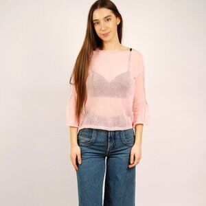 80s Sheer Knit Sweater (M) medium pink vintage 3/4 sleeve wide neck cottage prep